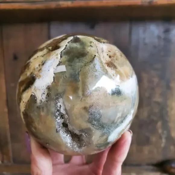 Ocean Jasper Large Sphere with Druzy Cave 986 Grams 90mm